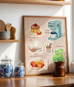 Elementos esenciales del hogar acogedor que incluyen pastel de fresa, cafetera y materiales de estudio