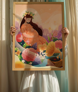 Femme dans la nature avec des fleurs et des notes de musique