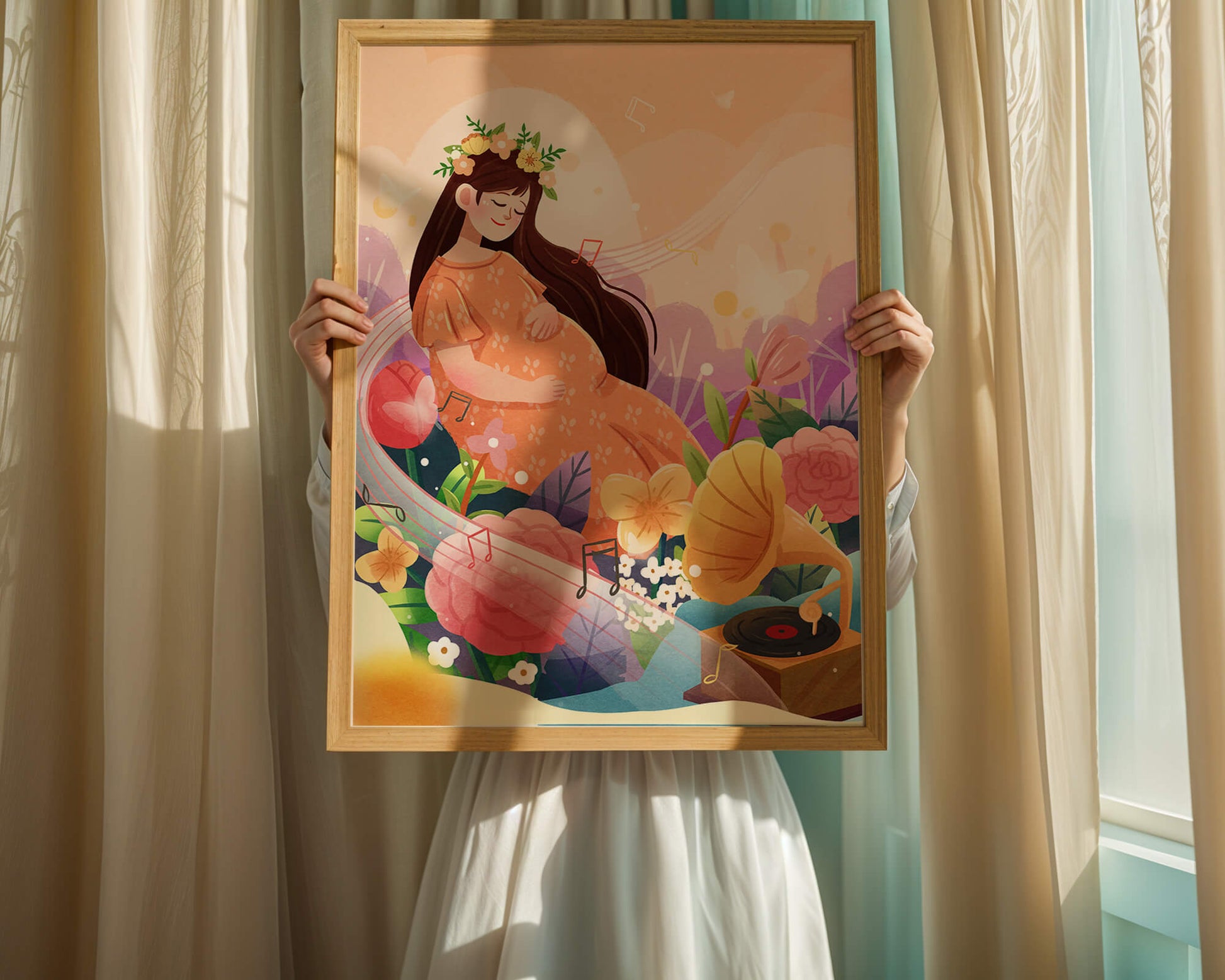 Woman in nature with flowers and musical notes