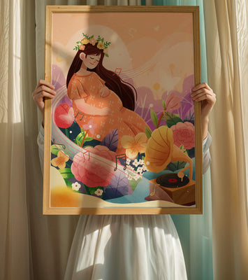 Woman in nature with flowers and musical notes