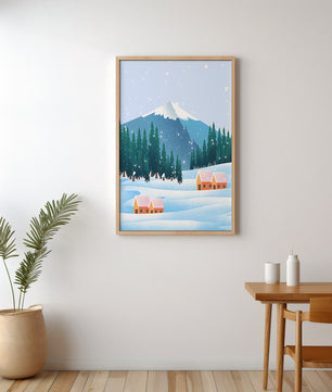 Winter Mountain Landscape with Snowy Cabins and Forest - Mi tienda