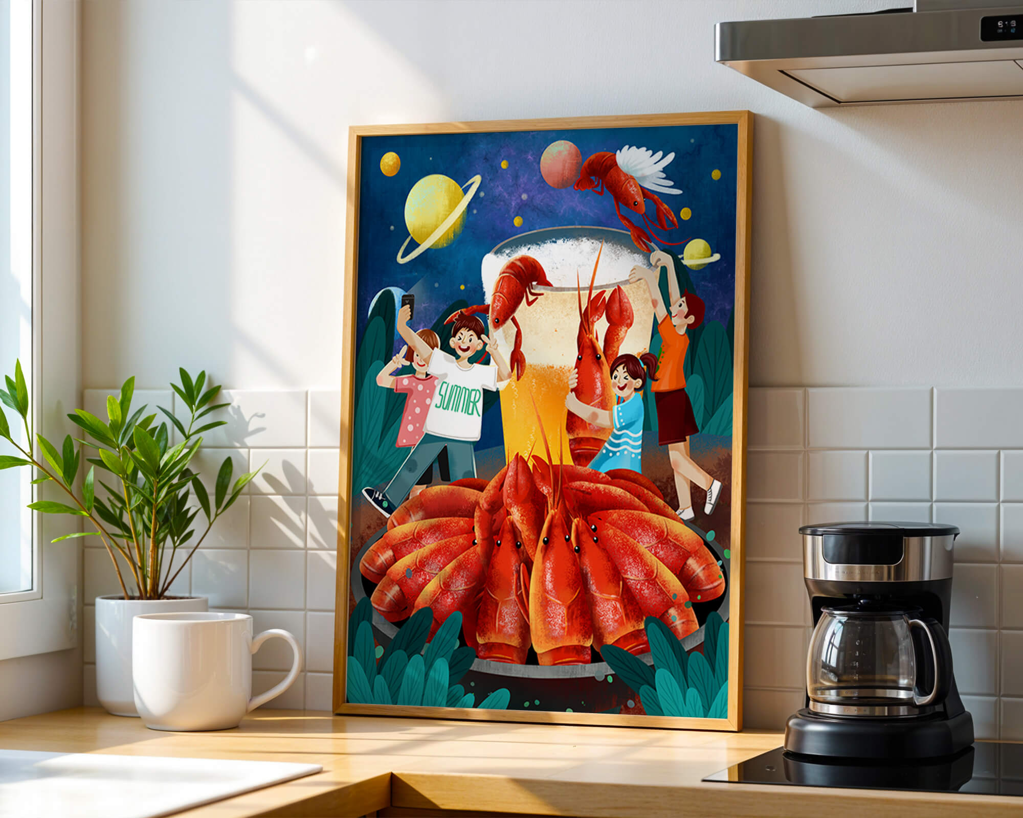 Fantasy illustration with cosmic lobsters and friends enjoying a summer feast