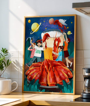 Ilustración de fantasía con langostas cósmicas y amigos disfrutando de un banquete de verano