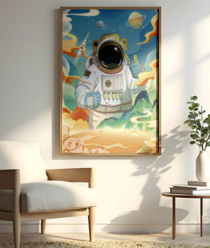 Colorful illustration of an astronaut in space with planets and rocket