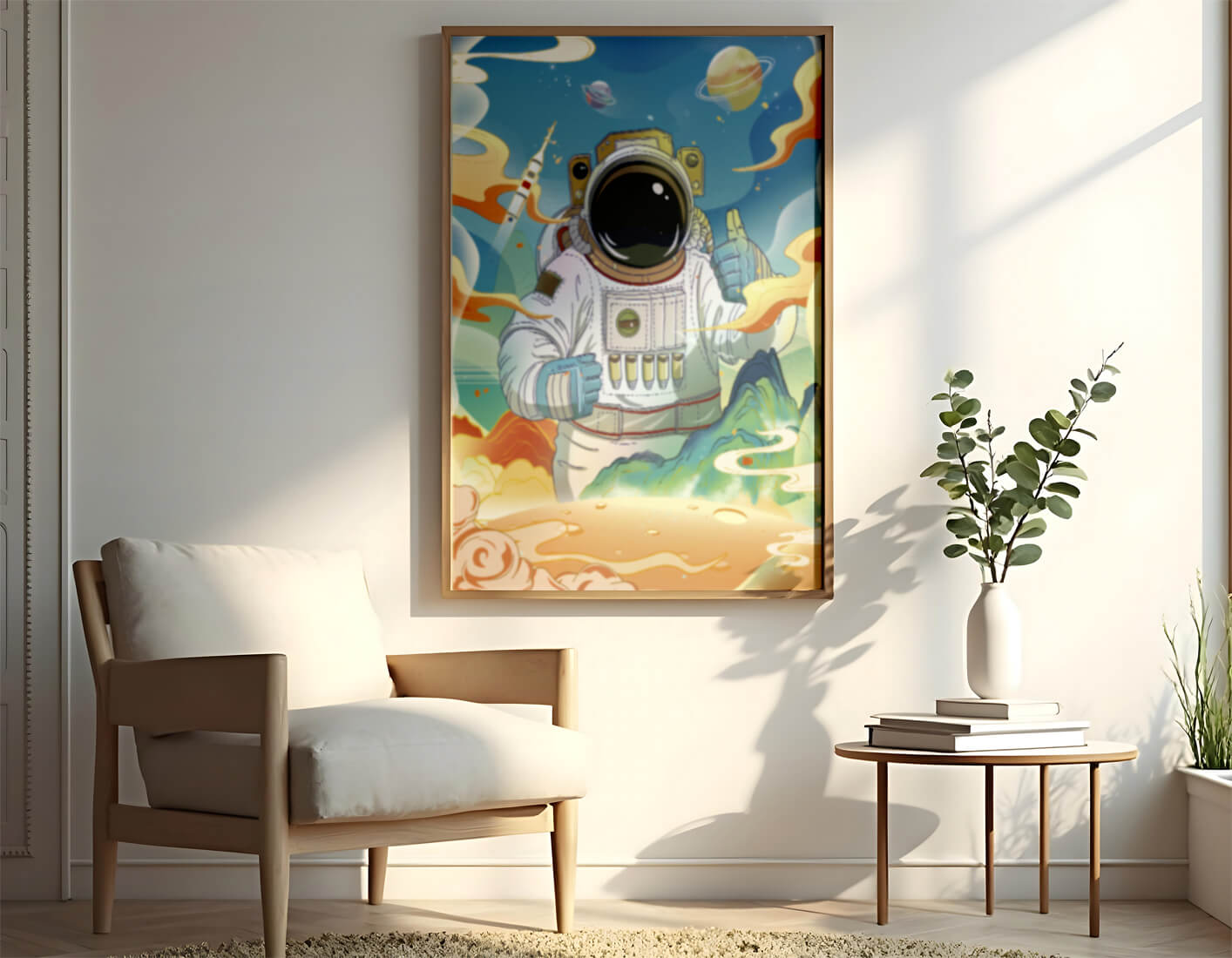 Colorful illustration of an astronaut in space with planets and rocket