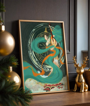 Elegant depiction of traditional musical culture with vibrant flowing ribbons and intricate patterns