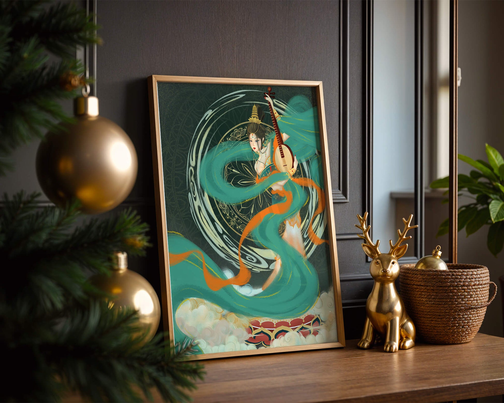 Elegant depiction of traditional musical culture with vibrant flowing ribbons and intricate patterns
