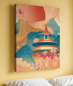 Illustration of Chinese architecture with the Great Wall and nature elements
