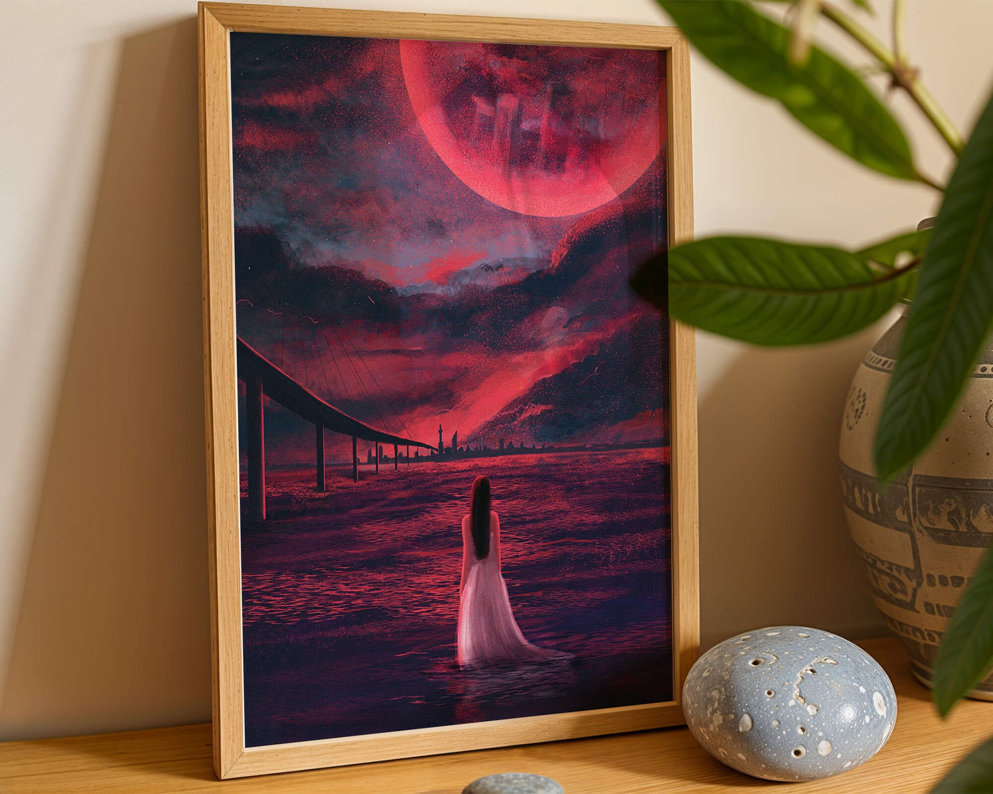Dreamlike landscape with bridge and red night sky