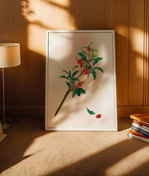 Ilustración detallada de una rama floreciente con flores rojas vivas y hojas verdes exuberantes