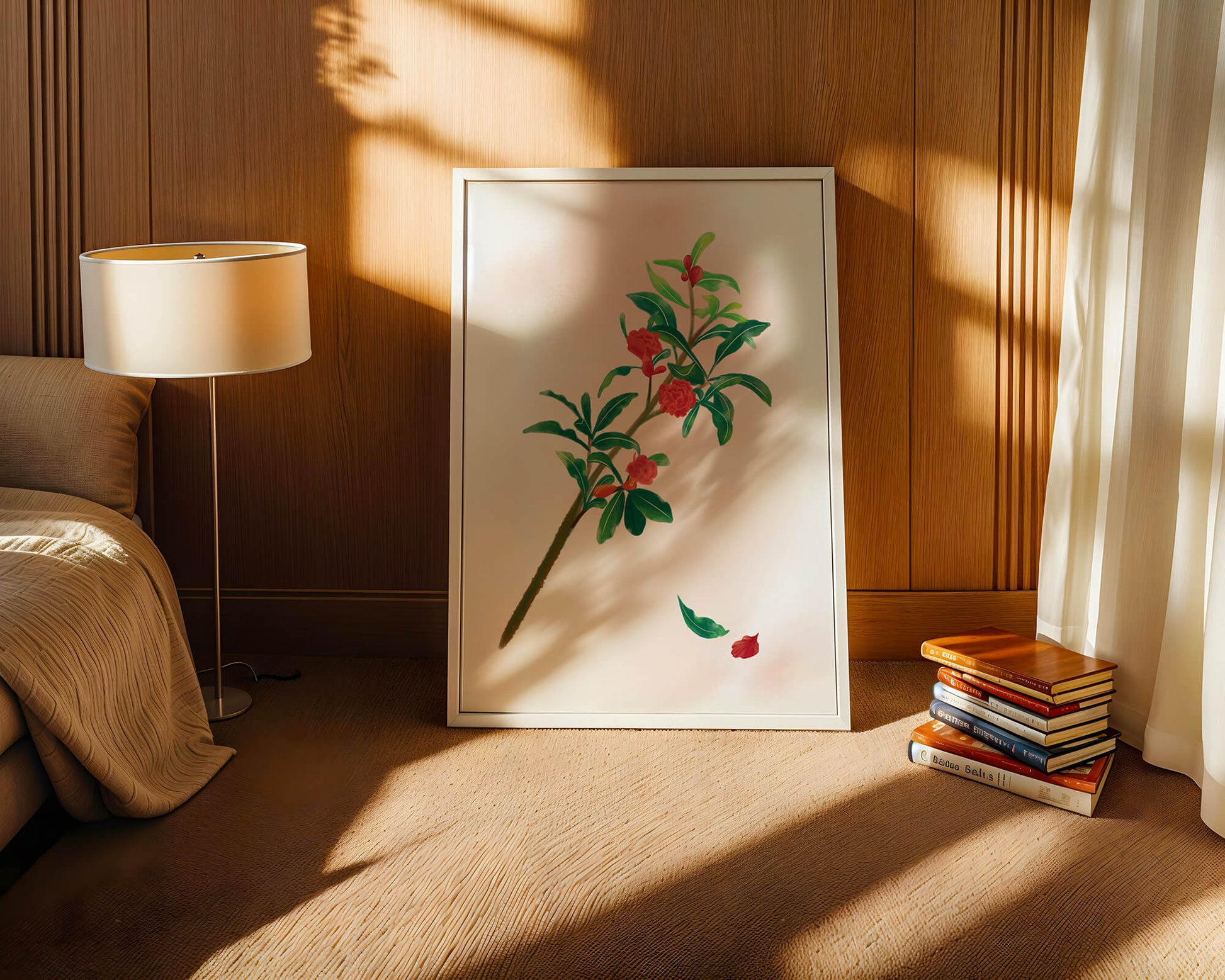 Detailed illustration of a flowering branch with vivid red blooms and lush green leaves