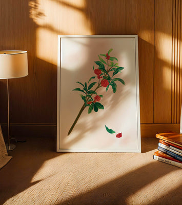 Detailed illustration of a flowering branch with vivid red blooms and lush green leaves