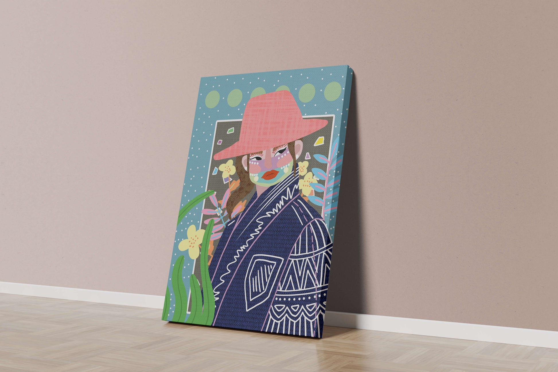 Retrato colorido con patrones y elementos abstractos