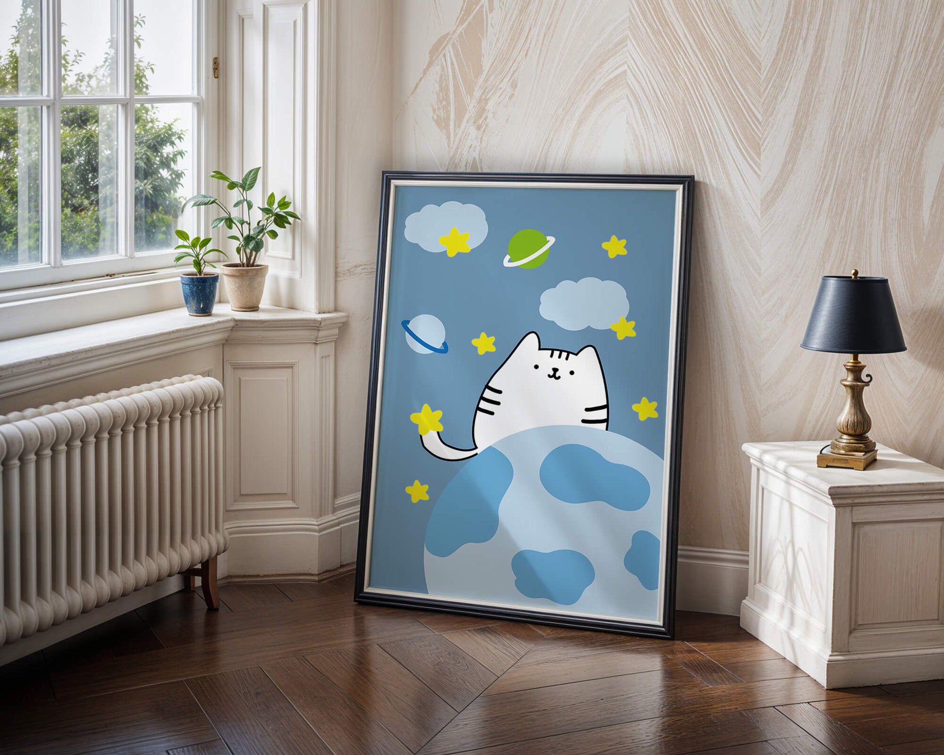 Ilustración encantadora de un gatito en una escena espacial caprichosa con nubes y estrellas