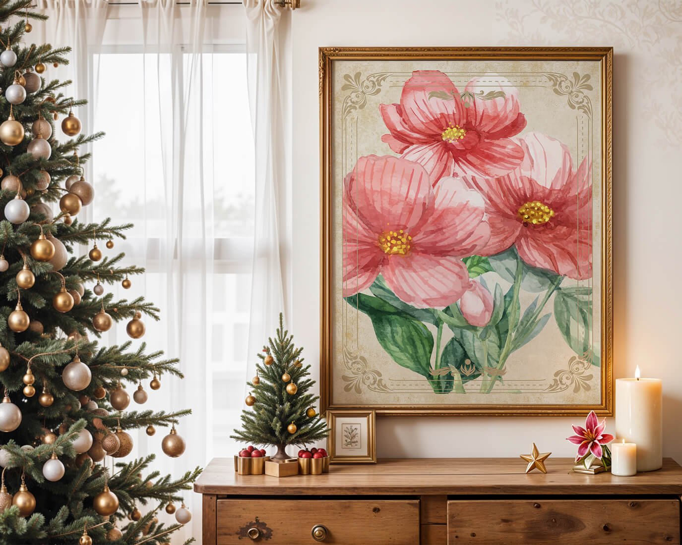 Watercolor floral illustration with pink blooms and green foliage