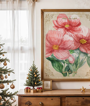 Watercolor floral illustration with pink blooms and green foliage