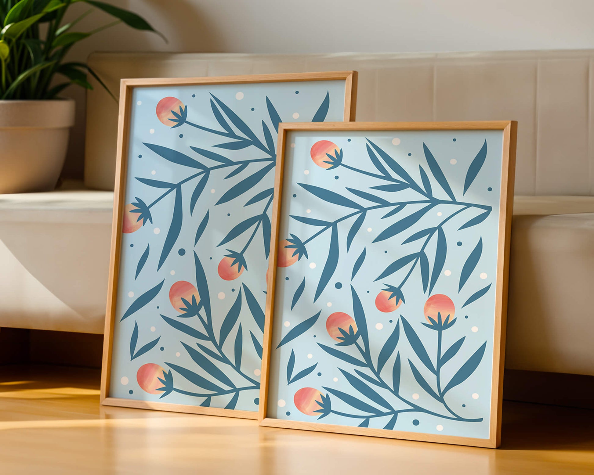 Abstract botanical pattern with colorful flowers and leaves on light blue background