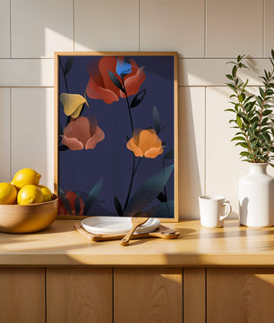 Abstract Floral Illustration with Colorful Flowers on Dark Background