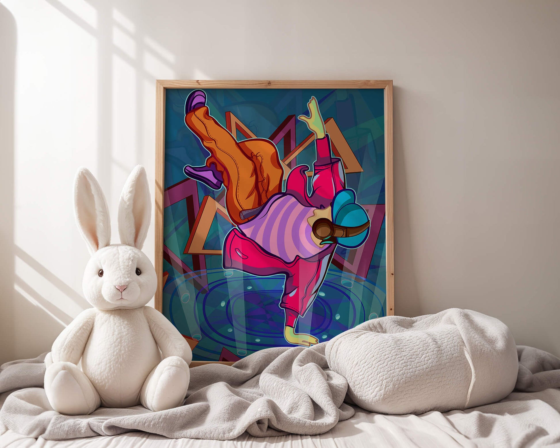 Colorful breakdancer in dynamic urban artwork