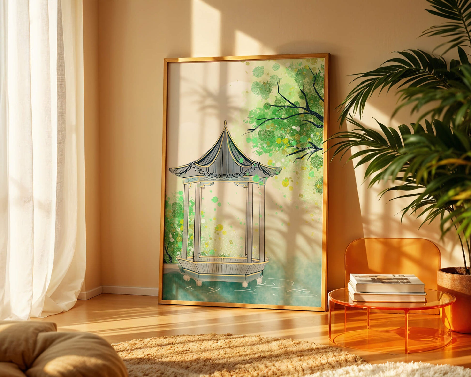 Serene garden gazebo by a tranquil pond with lush greenery