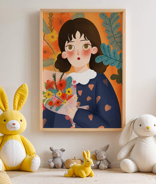 Ilustración encantadora de una chica con flores y corazones