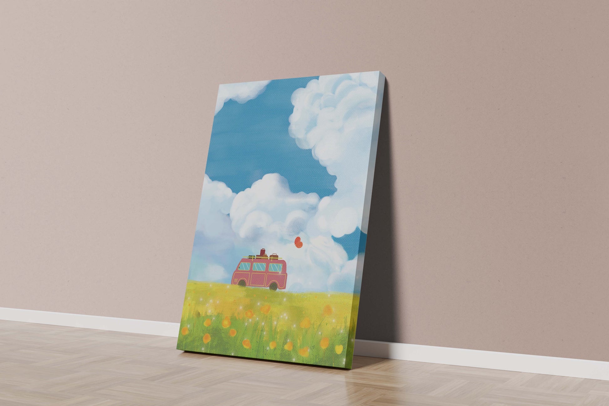 Colorful Van in a Vibrant Field with Balloons and Luggage