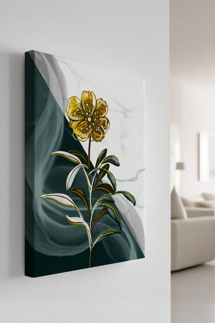 Abstract floral design featuring a golden flower with textured leaves