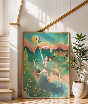 Tranquil Asian Scene with Woman, Peacock, and Traditional Architecture