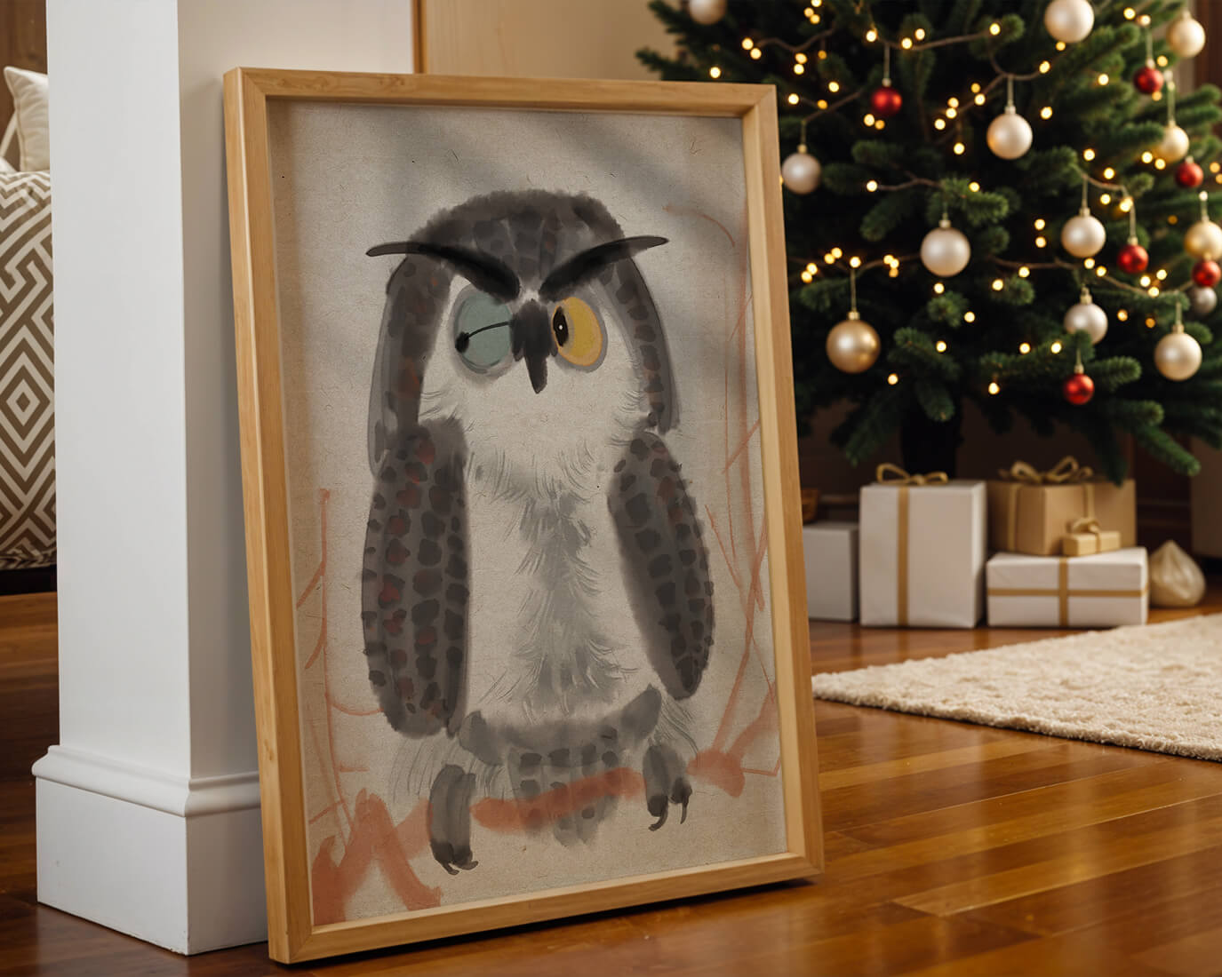 Whimsical Owl Illustration with Colorful Eyes