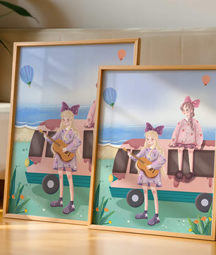 Serene beach scene with whimsical characters and hot air balloons
