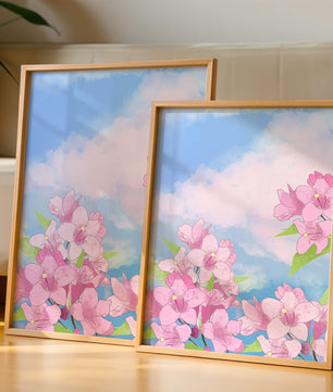 Ilustración de flores rosadas contra un cielo azul vibrante con nubes