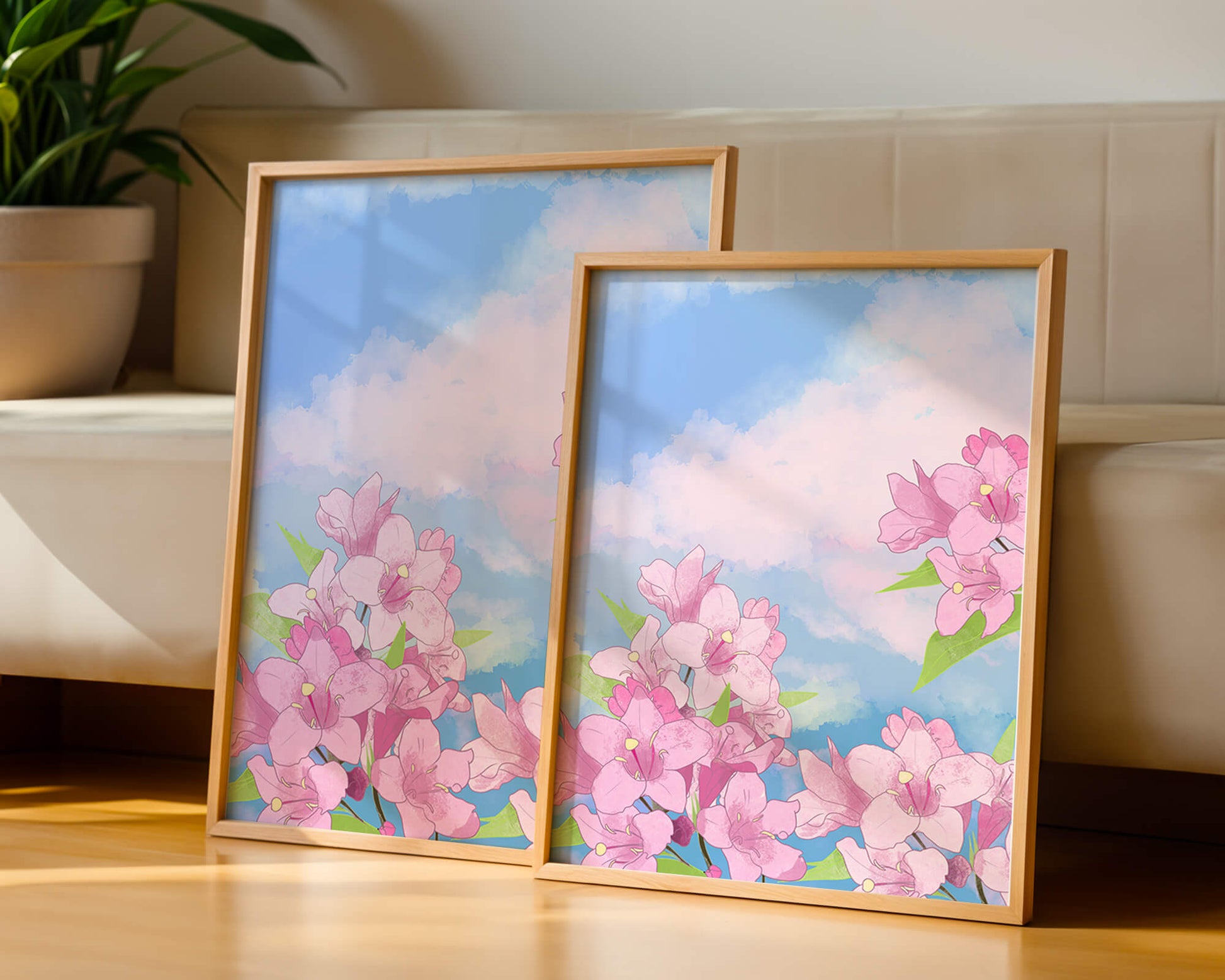 Ilustración de flores rosadas contra un cielo azul vibrante con nubes