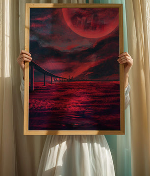 Surreal Scarlet Landscape with Bridge and Celestial Body