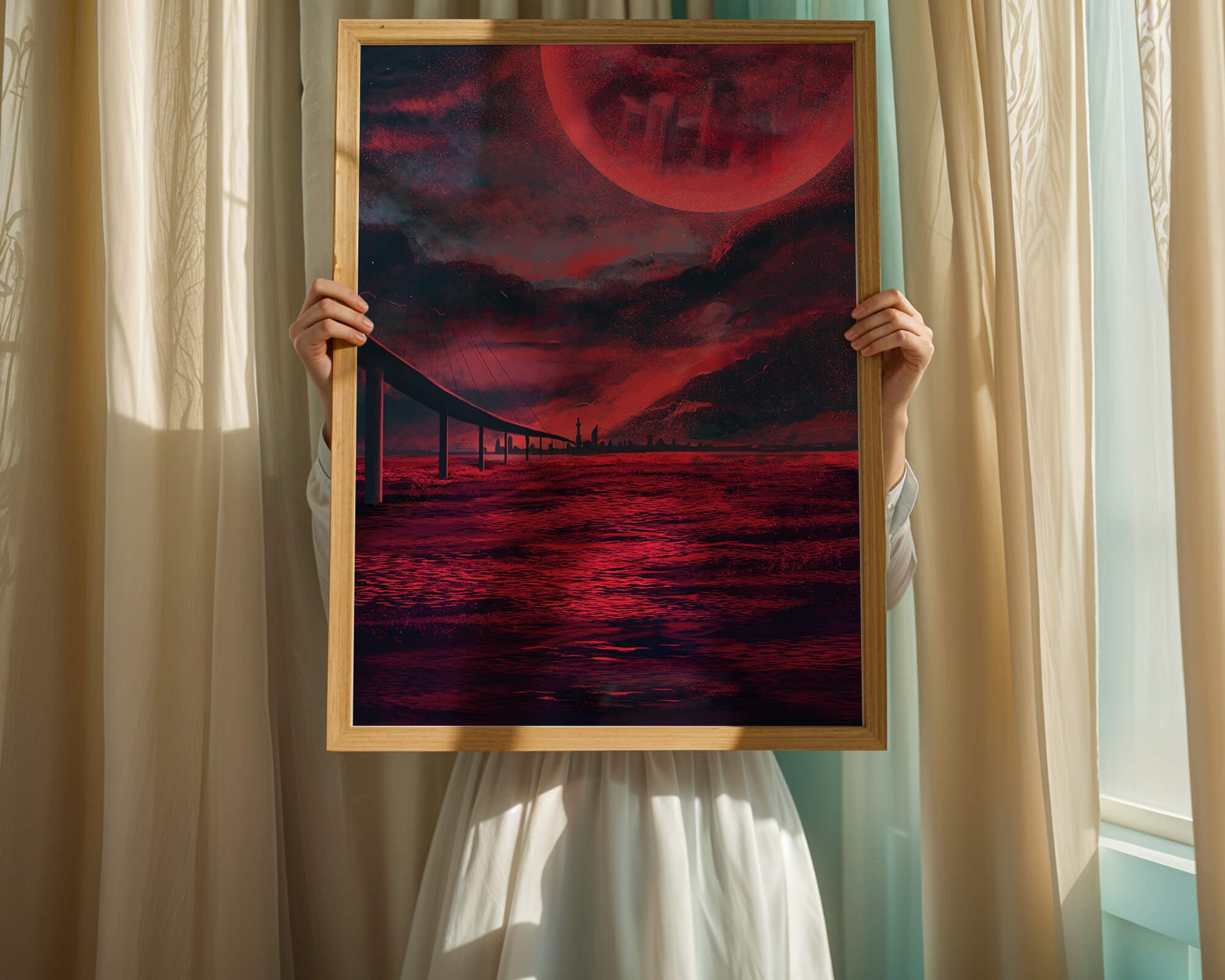 Surreal Scarlet Landscape with Bridge and Celestial Body