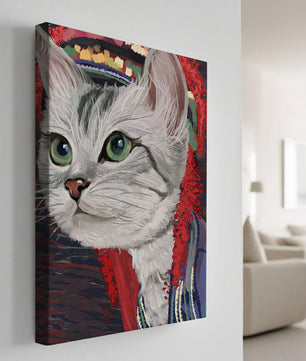 Illustrated cat portrait with colorful accents