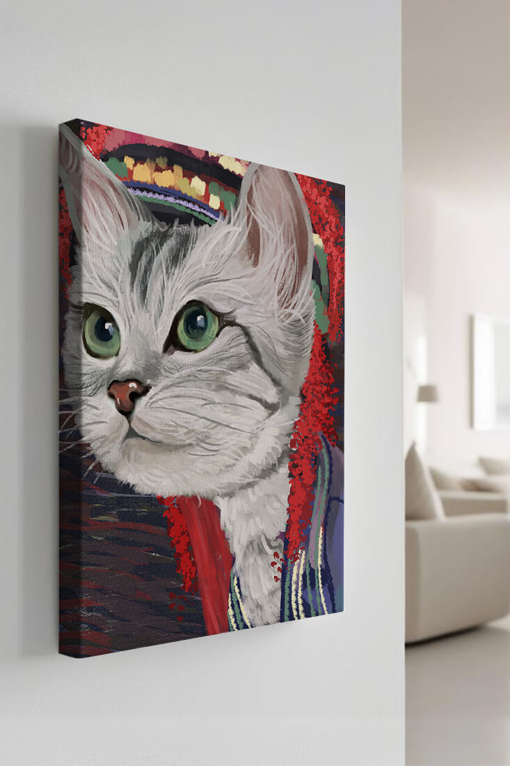 Illustrated cat portrait with colorful accents