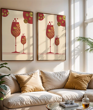Stylish wine glasses with gold accents and a festive theme