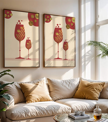 Stylish wine glasses with gold accents and a festive theme