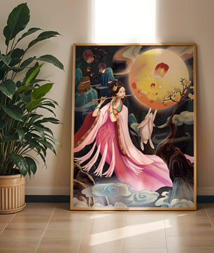 Traditional Asian Art with Flute Player and Moon Rabbit