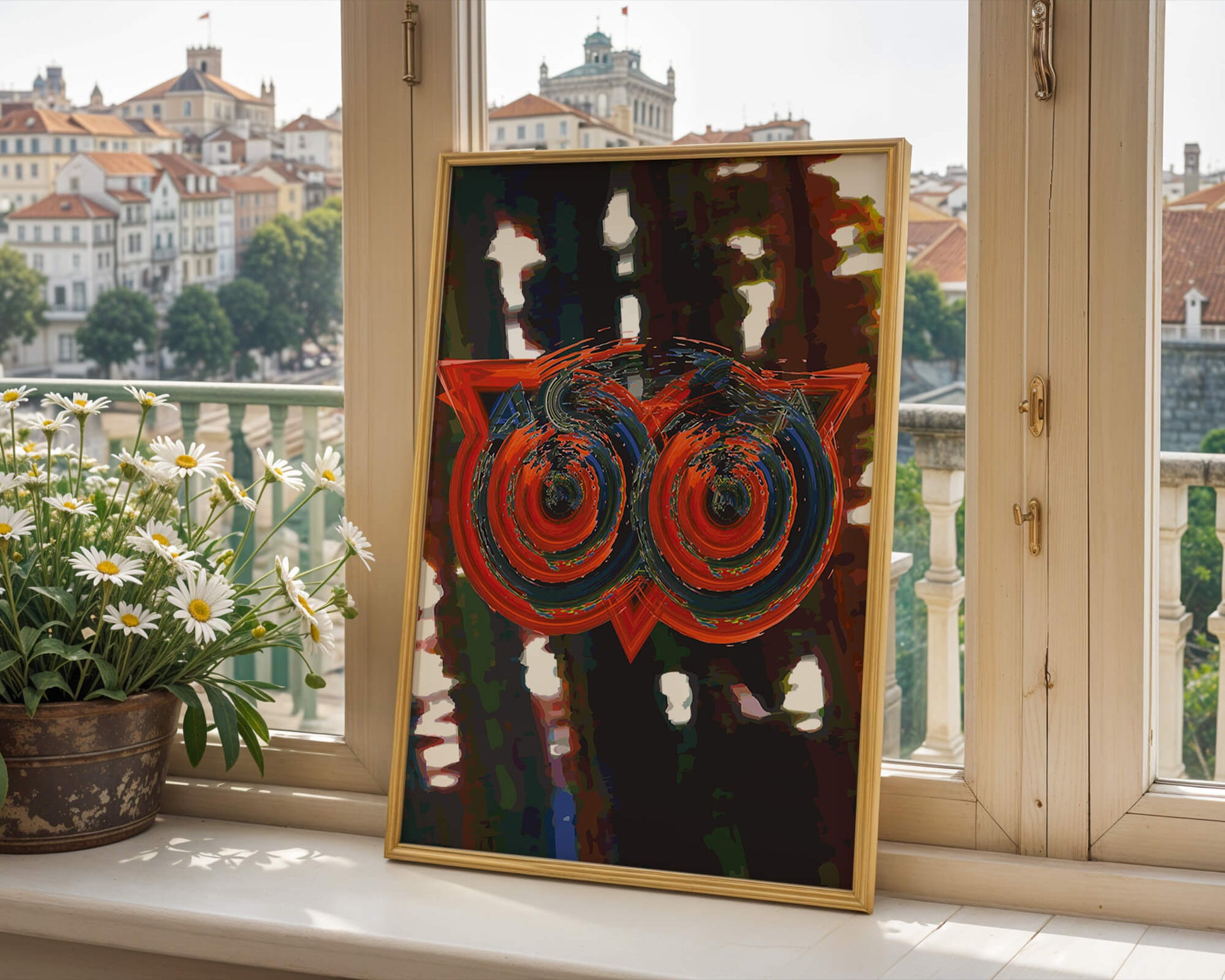 Abstract artwork featuring colorful geometric owl design