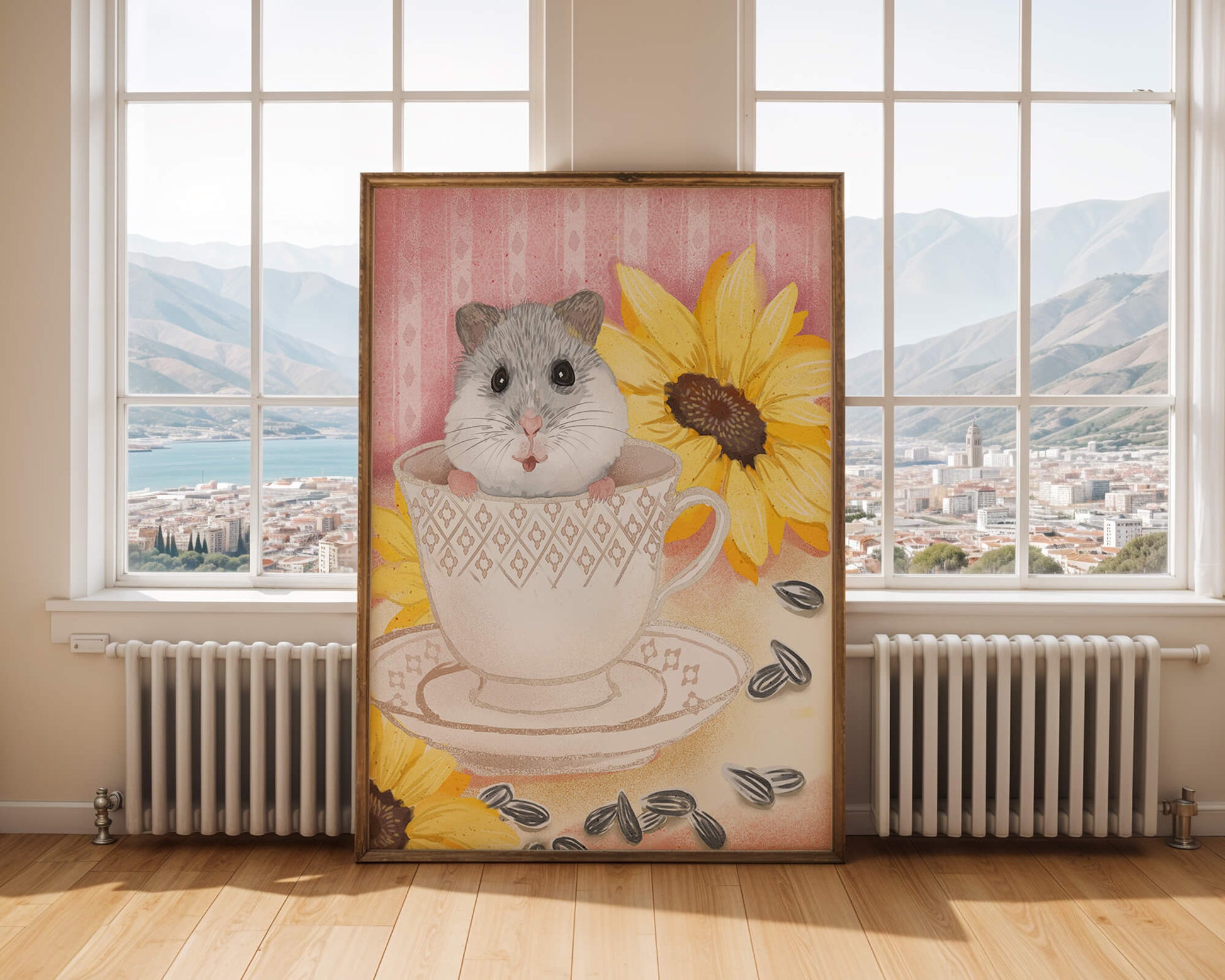 Adorable hamster in teacup with sunflowers and seeds