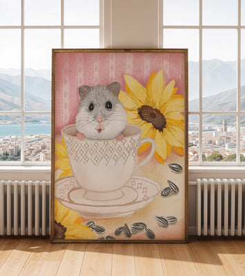 Adorable hamster in teacup with sunflowers and seeds