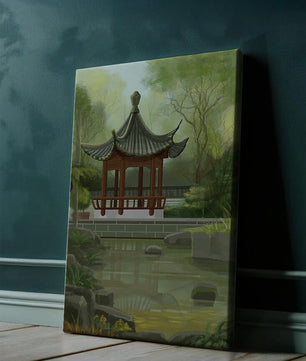 Tranquil Asian garden scene with traditional pagoda and serene pond