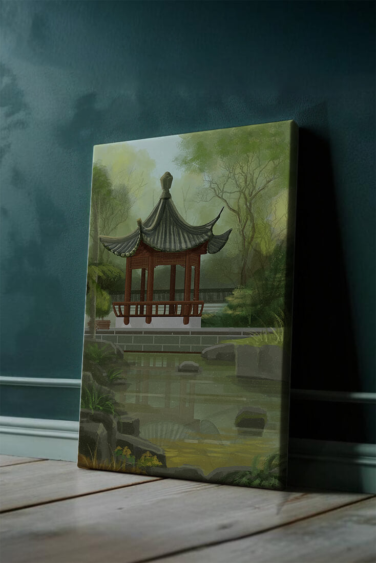Tranquil Asian garden scene with traditional pagoda and serene pond