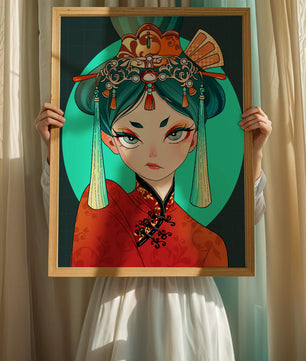 Elegant illustration of a woman in traditional attire with intricate headpiece