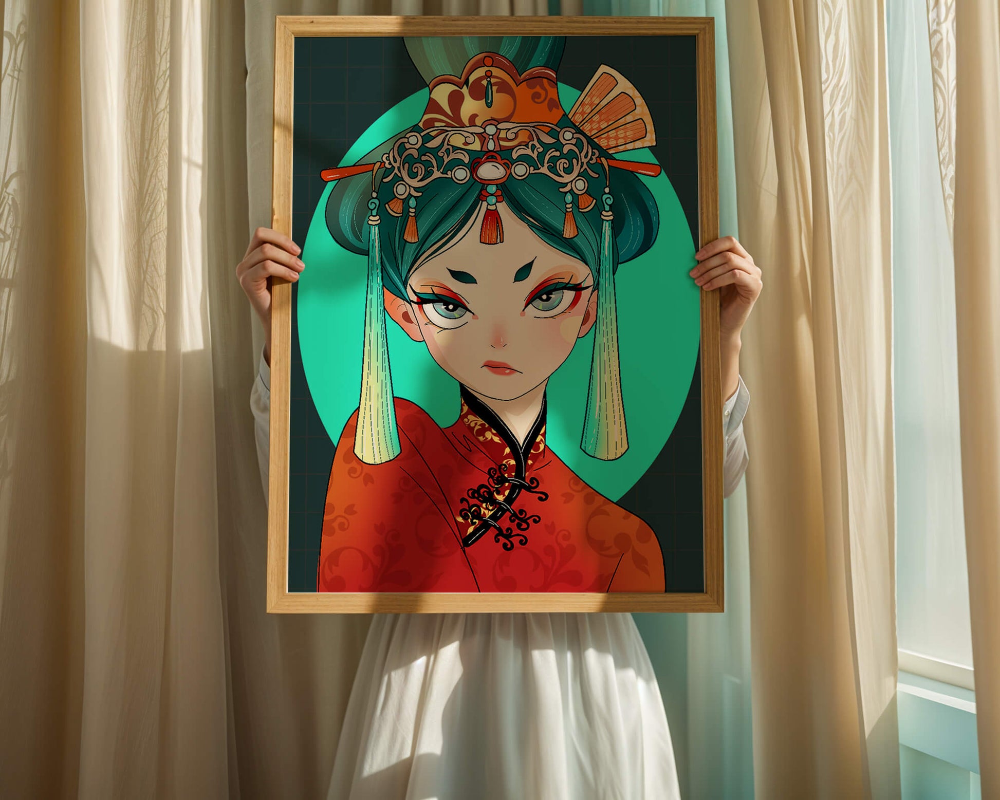 Elegant illustration of a woman in traditional attire with intricate headpiece