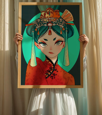 Elegant illustration of a woman in traditional attire with intricate headpiece