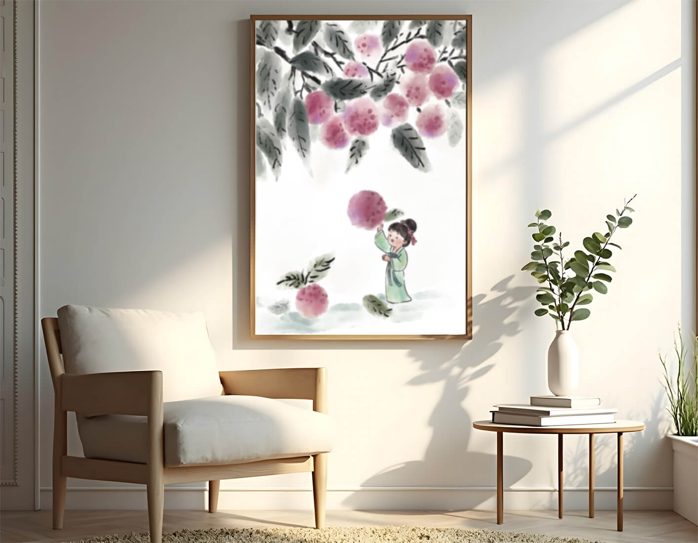 Ilustración encantadora de un niño con ropa tradicional, bayas vibrantes y hojas exuberantes