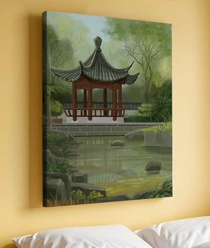 Tranquil Asian garden scene with traditional pagoda and serene pond