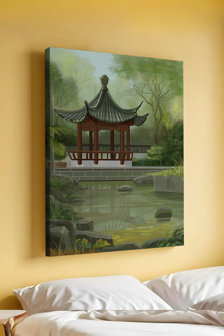 Tranquil Asian garden scene with traditional pagoda and serene pond
